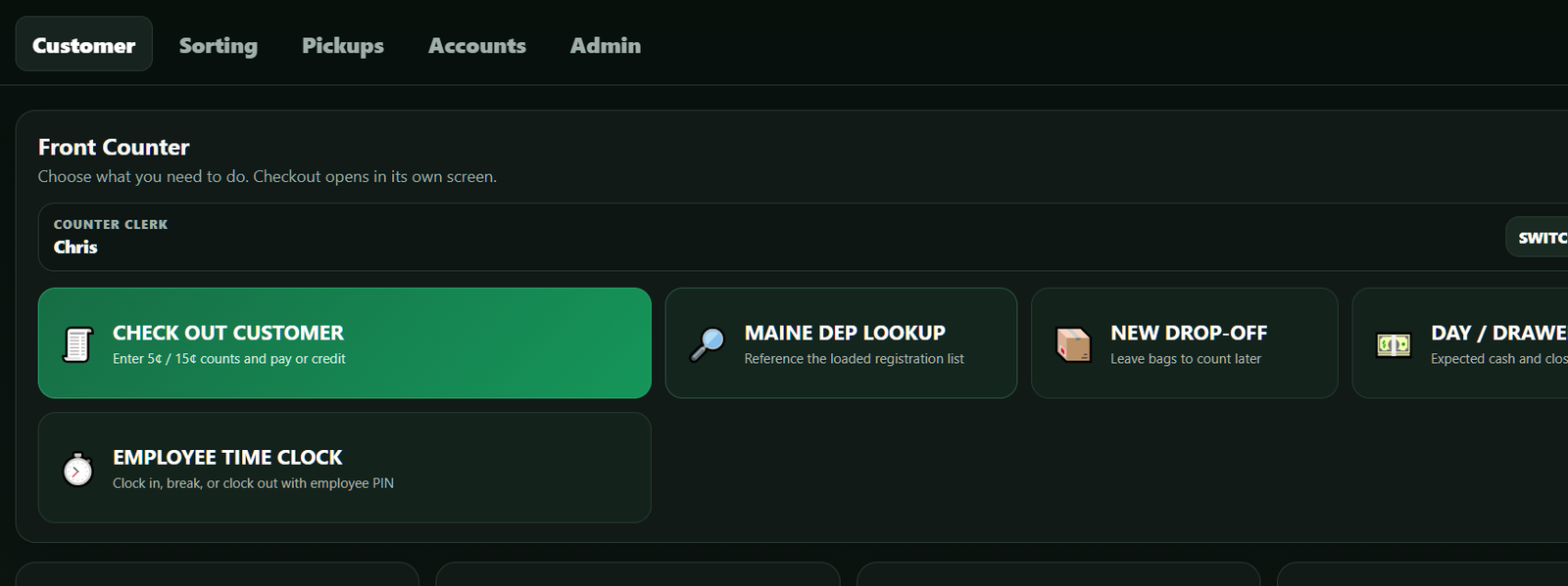 RedemptionBase front counter dashboard showing checkout, lookup, drop-off, day drawer and employee time clock tools